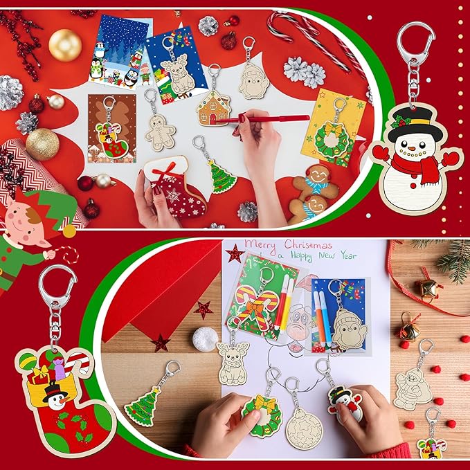 24 Sets Christmas Keychains Craft Kit Winter Unfinished Keychains Gifts Color Your Own Gingerbread Man Santa Claus Elk Penguin Snowman DIY Crafts for Christmas Winter Party Favors