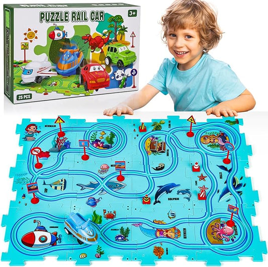 25PCS Puzzle Racer Kids Car Track Set, Rail Car Puzzle Track Ocean Themed Series, Puzzle Track Car Play Set, Toddler Puzzle Track Car, Educational Puzzle Toys Gifts for Kids Boys and Girls
