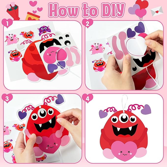 ANGOLIO 123Pcs Valentine's Day Monster DIY Craft for Kids, Make Your Own Monster Ornament Bulk Valentine's Day DIY Paper Craft Decorative Kit for Classroom Activities Gift Exchange