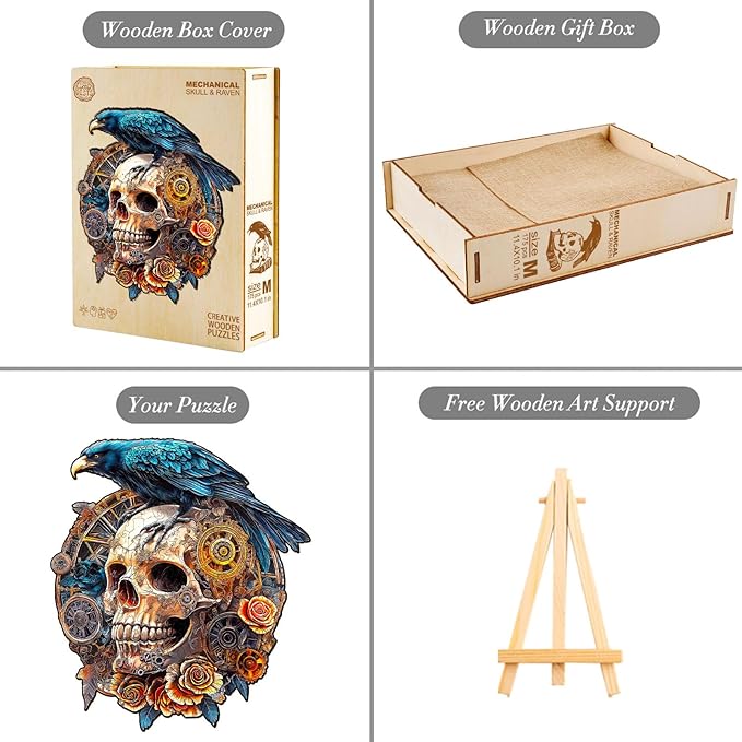 KAAYEE Wooden Puzzles for Adults, Raven & Mechanical Skull Wooden Jigsaw Puzzle 355 PCS Unique Shape Wood Puzzles Adult, 3D Visual Effect Flat Puzzle Birthday Gifts Family Games (XL-17.3 * 15.4in)