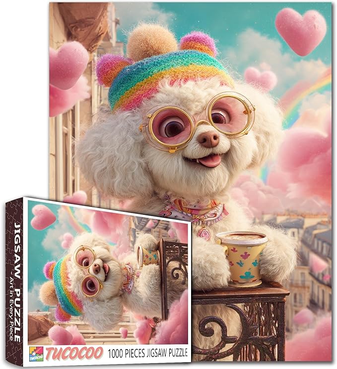 Cute Bichon Frise Wearing Glasses Jigsaw Puzzles for Adults 1000 Pieces,Balcony Animal Drink Coffee Jigsaw Puzzle Art 20 X 27 in DIY Puzzles for Home Decoration Family Puzzle Perfect for Game Nights