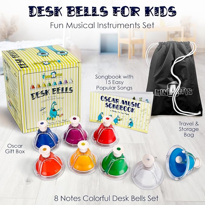 MINIARTIS Desk Bells for Kids | Educational Music Toys for Toddlers 8 Notes Colorful Hand Bells Set | Kids Musical Instrument with 15 Songbook | Great Birthday Gift for Children