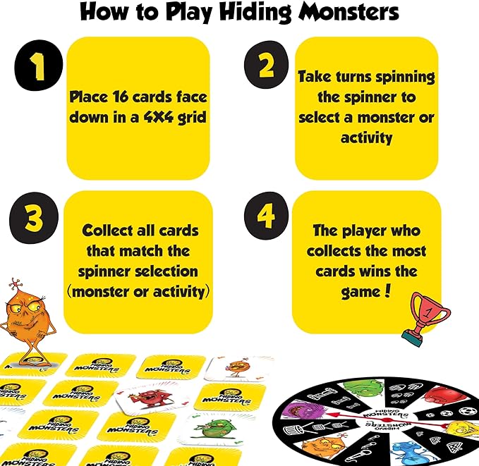 Hiding Monsters Memory Card Game for Kids with a Spinner Wheel - Fun and Easy-to-Play. Matching Memory Game for Kids 4-8 and 8-12 for Boys and Girls