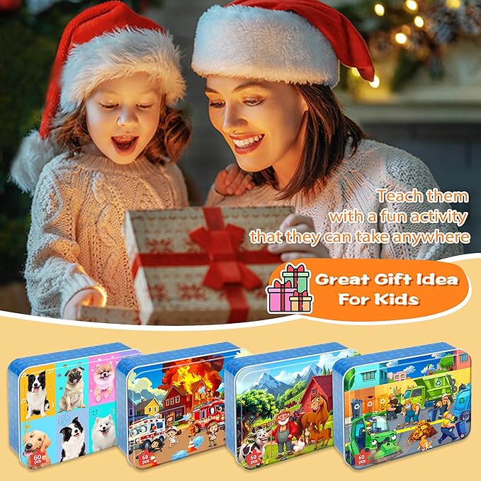 LELEMON Puzzles for Kids Ages 4-6,4-Pack Dogs Fire Fighting Garbage Truck Farm 60 Piece Puzzles for Kids Ages 4-8 in a Metal Box,Educational Jigsaw Puzzles Puzzle Games Puzzle Toys for Girls and Boys
