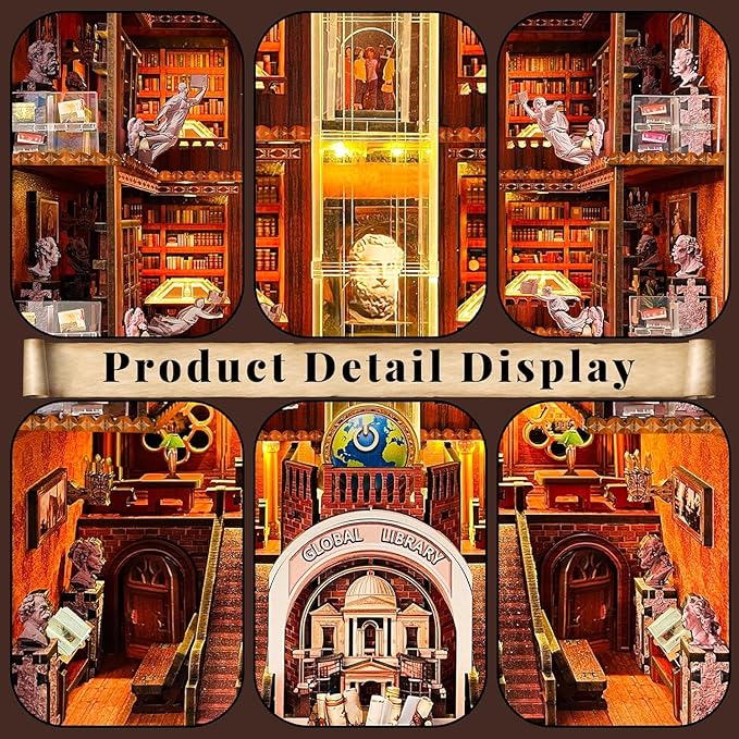 Book Nook Kit for Adults and Teens, 3D Puzzle Booknook Bookshelf Decor with LED Light, Dual Power Options (Battery/Type-C), Perfect Miniature Dollhouse Gift (Global Library)