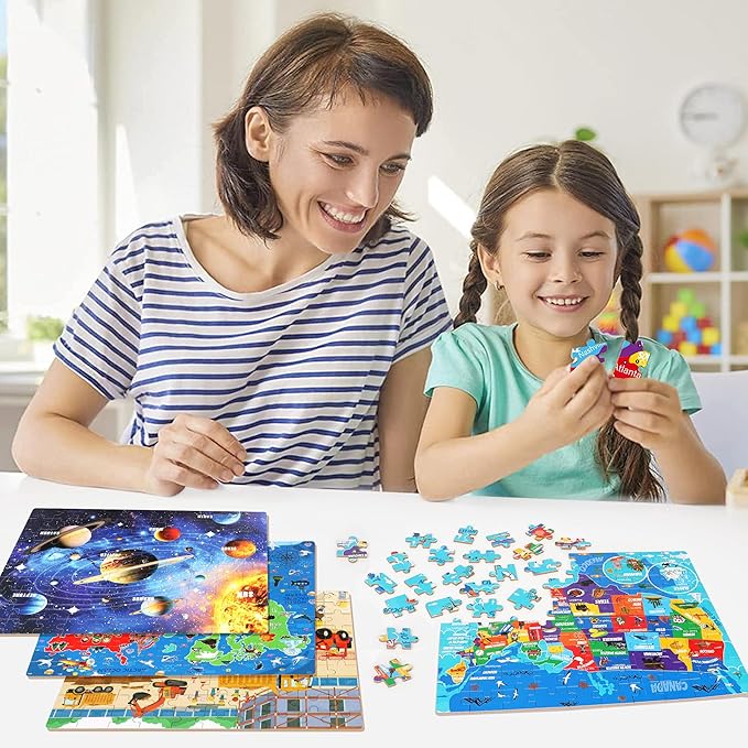 LELEMON 100 Pieces Puzzles for Kids Ages 4-8, 4 Set Kids Puzzle Ages 6-8,United States World Solar System Construction Site Children Learning Educational Puzzless Toys for Boys and Girls