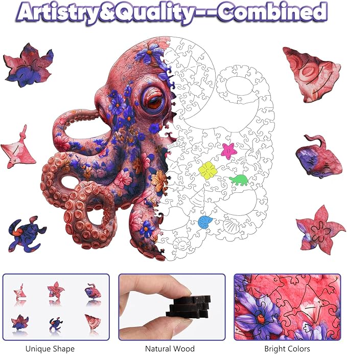 Leodozzio Wooden Puzzles for Adults, Pink Flower Octopus Jigsaw Puzzles 200 Pieces-5MM Thickness, 11.4x10.9 Inch, Unique Shaped Wooden Puzzle, Birthday Gift Family Game