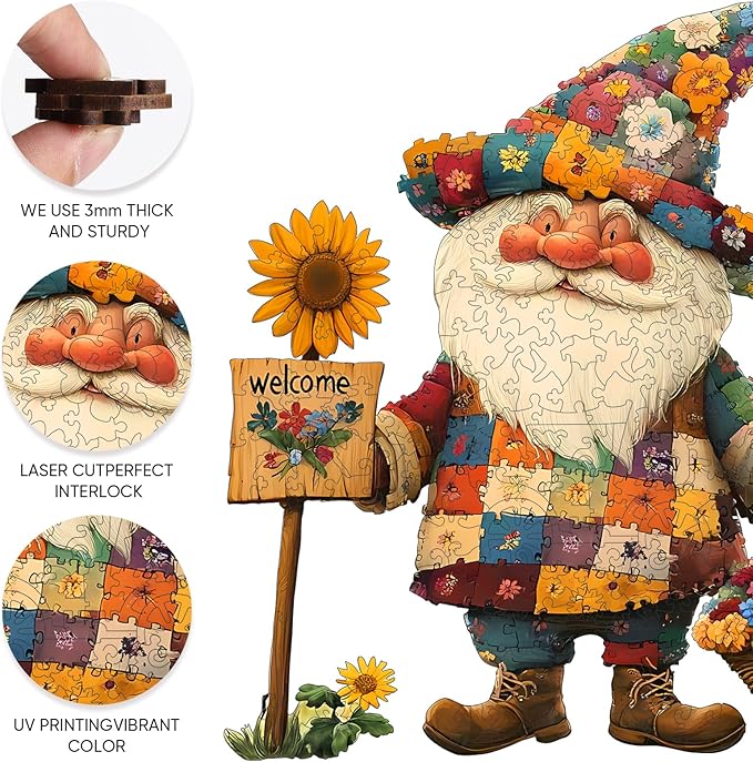 Wooden Puzzles for Adults, Gnome Puzzle for Adults and Kids 200 Pcs, Unique Shape Wooden Jigsaw Puzzle, Wooden Puzzle Creative Toys for Family Friends 12.4'' x 12''