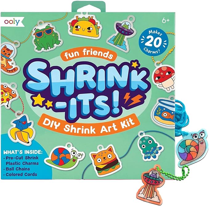 Ooly Shrink-Its 28 PC DIY Shrinking Art Kit That Creates Charms and Tags, Includes 20 Plastic Pre Cut Charms and More, No Mess Art for Kids, DIY Gifts for Kids, Ideal Party Favor - Fun Friends