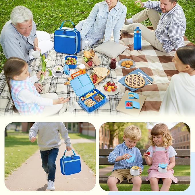 MAISON HUIS Kids Bento Box Set - Includes 8oz Soup Thermo, Insulated Lunch Bag & 17oz Stainless Steel Water Bottle, 5-Compartment Bento Box with Built-In Ice Pack, Leak-Proof & BPA-Free(Blue)