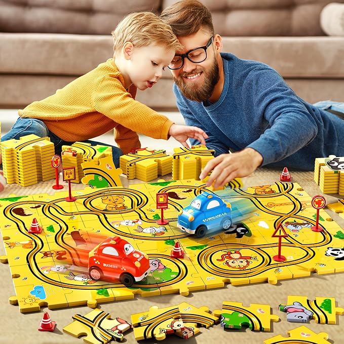 Bennol Puzzle Tracks Car Toys Gifts for 3 4 5 Year Old Boys, 48PCS Puzzle Racer Cars Play Set for Kids Ages 3-5 4-6, Toys Gifts for 3 4 5 Year Old Boys, Puzzle Racer Kids Car Track Set