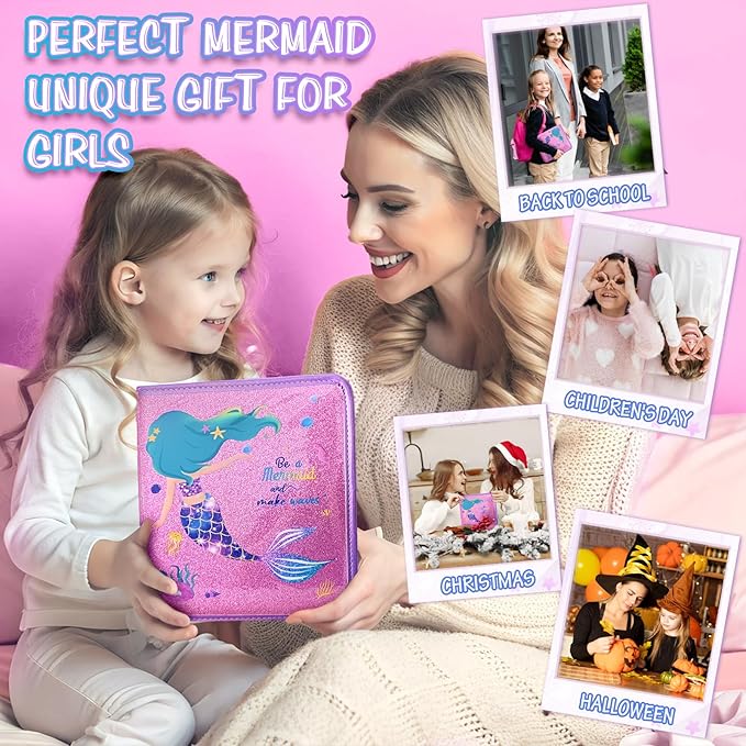 CORALMEE Mermaid Markers Set for Kids, 66 Pcs Drawing Art Supplies with Pencil Case, Markers, Crayons, Gel Pens, Stencils, Ruler, Birthday Gifts for Girls 4-9 Years Old, Ideal for Creative Fun