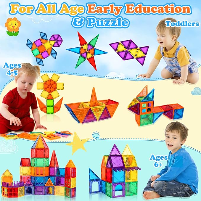 Magnetic Tiles Kids Toys, Magnetic Building Blocks STEM Magnet Building Set Preschool Learning Magnet Toys for Kids Ages 3-5 4-8, Sensory Montessori Toy for Toddlers 3+ Year Old