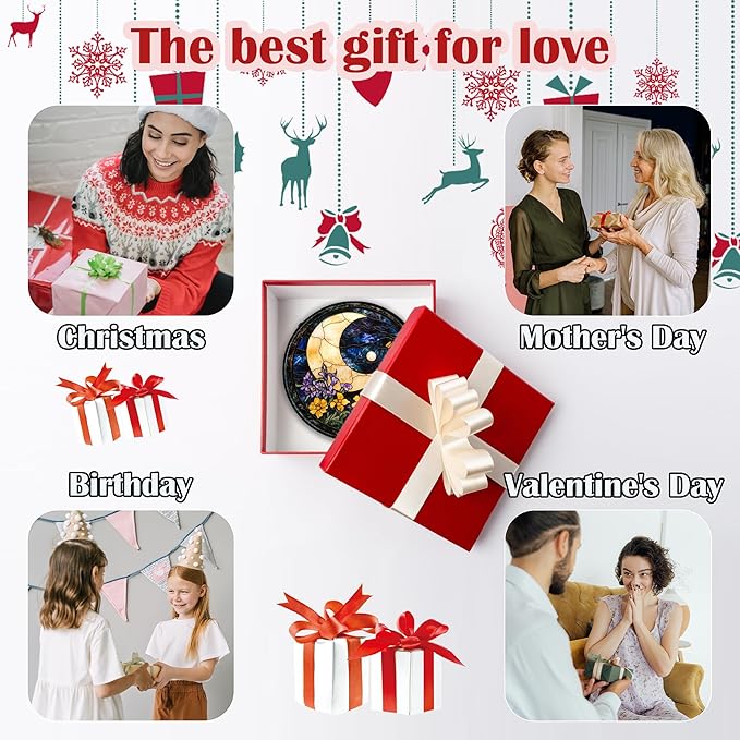 Stained Glass Window Hanging - Blue Night Sky Moon Suncatcher for Door Terrace Garden Home Decor Wildflowers Sun Catcher Birthday Gifts for Lovers Women Men Dad Mom Nana 6.3 in