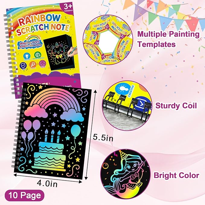 HXDOGSP Scratch Art for Kids: 24 Pack Rainbow Scratch Paper Party Favors - Art Crafts Notebook Suitable for Birthday Gifts/School Crafts Kit/Classroom Prizes for Girls and Boys Aged 4-12