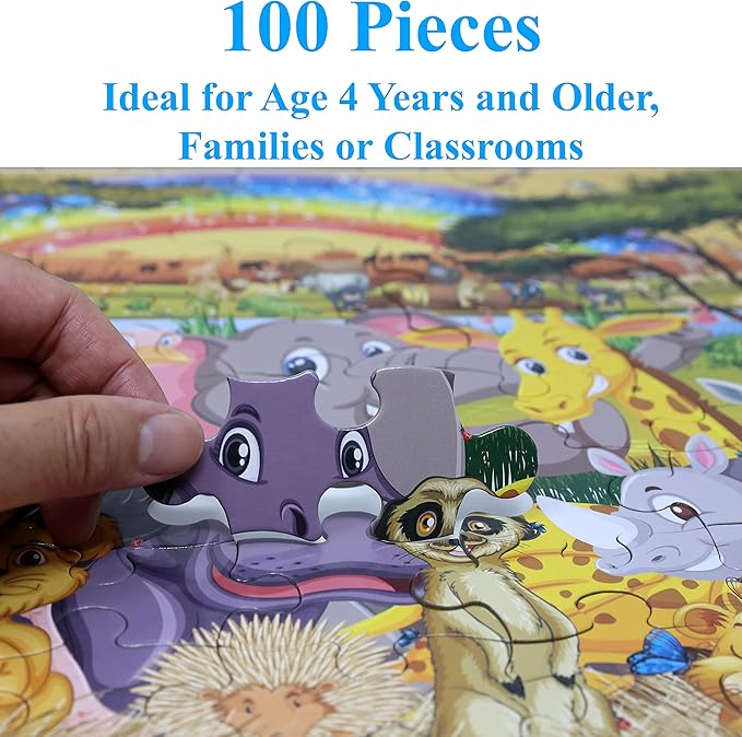 Think2Master Zoo Animals of The Savanna Jungle Safari 100 Pieces Jigsaw Puzzle. Fun Educational Toy for Kids, School & Families. Great Gift for Boys & Girls Ages 5-8 4-6 6-8 8-10 23.4” X 16.5”