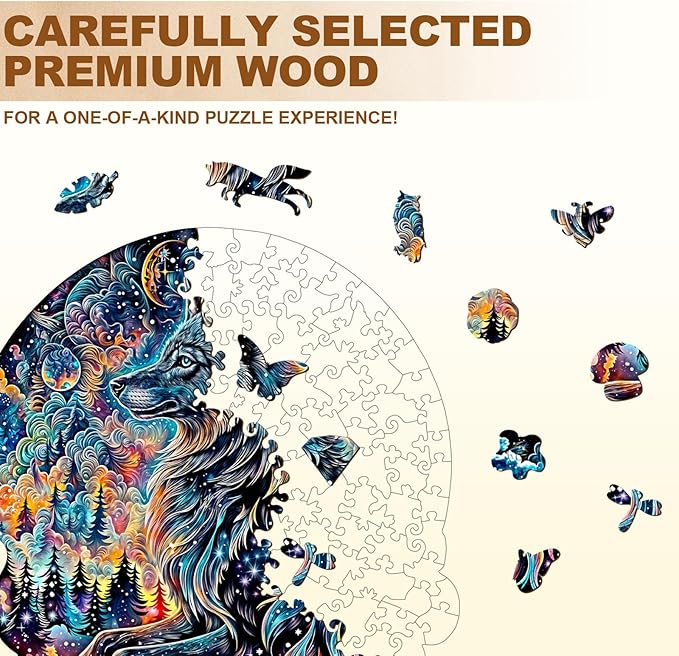 KAAYEE Wooden Puzzles for Adults, 3D Visual Effect Wolf Nebula Wooden Jigsaw Puzzle Unique Shape Wood Puzzle Adult, 3D Effect Flat Puzzle Birthday Family Game (M-11.4 * 10.4in-180pcs)
