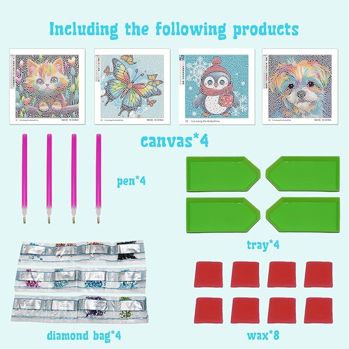 Libfx Diamond Art Kits for Kids 4 PCS Diamond Art for Girls Boys Beginners Arts and Crafts for Kids Ages 8-12 (Cartoon Cat-Penguin)