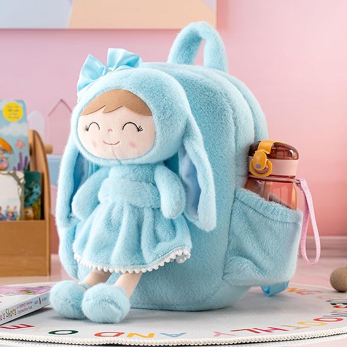 Gloveleya Back to School Gifts for Girls Toddler Backpack Kids Backpack Baby Girl Gift Plush Bag with Pure Blue Rabbit Doll 11 Inches Aged 2+