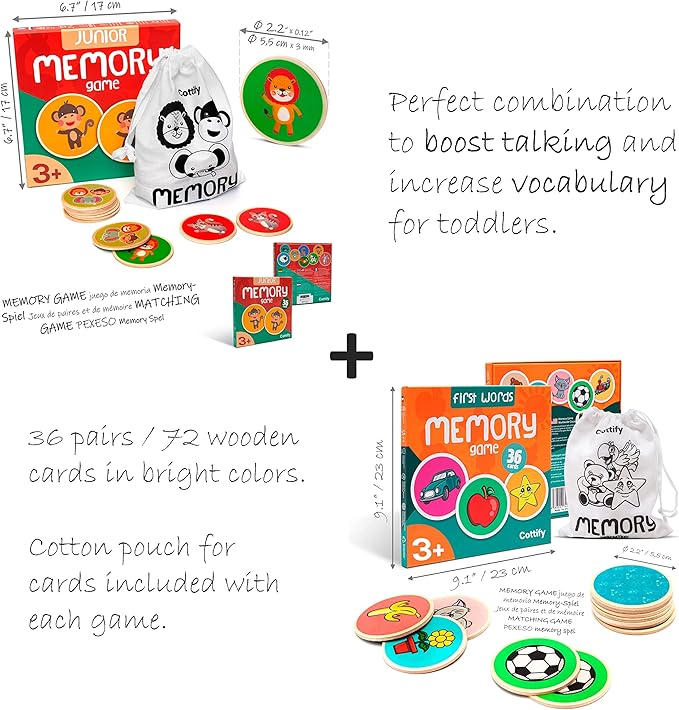 Cottify 2-Pack Wooden Memory Matching Game for Toddlers for Toddlers 3-5 Years, Durable, Toddler Memory Game for Kids 3 and up, Toddler Matching Toy, First Words and Animals, 72 Cards