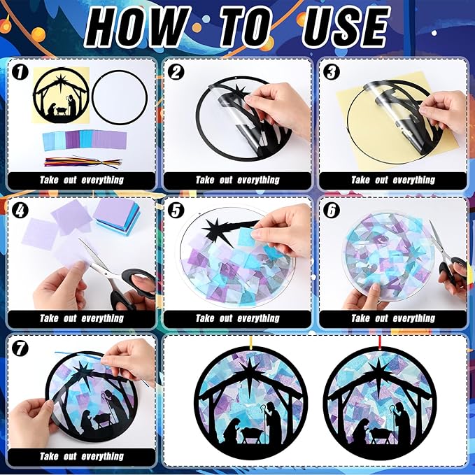 Eersida 32 Sets Christmas Nativity Suncatchers Craft Kit DIY Christianity Tissue Paper VBS Sunday School Craft Make a Nativity Tissue Paper Kit for Holy Night Christian Religious Lent Bible Window Art