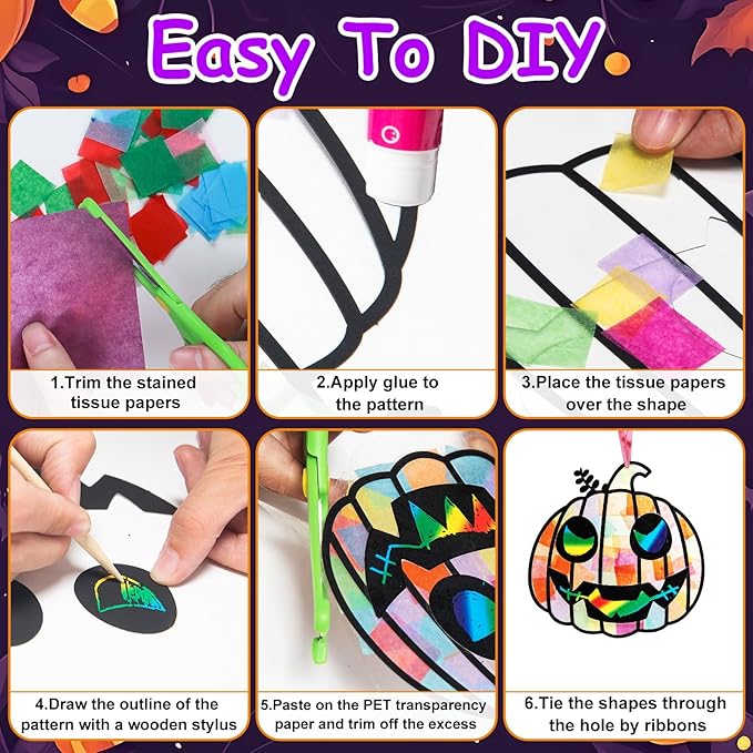 EggSun 36 Sets Halloween Pumpkin Suncatchers Craft Kit for Kids Ornaments Stained Glass Effect Window Arts and Crafts Kit for Classroom Holiday Birthday Projects Home Party Favors Decorations Ages 4 8