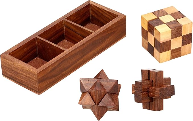 Ajuny 3-in-One Wooden Puzzle Games Set - 3D Puzzles for Teens and Adults - Challenging Brain Teasers 3D Puzzle IQ Logic Handcrafted Games, Includes Decorative Storage Box Best Gift 3 in 1 Game Set