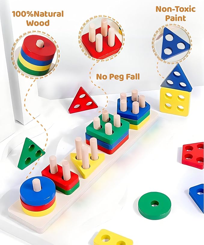 Montessori Wooden Shape Sorter Toy for Toddlers 1-3 – Multicolor Color Sorting & Stacking Toys, Educational Early Learning Sensory Toy, Fun Preschool Gift for 2 Year Olds