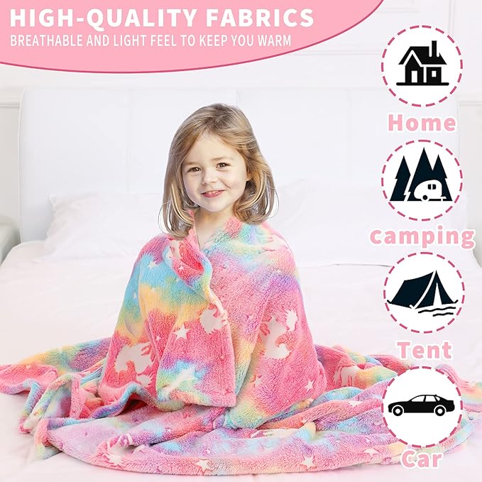 Glow in The Dark Blanket Unicorn Gifts for Kids Girls Teen Birthday Christmas Halloween Present Light Up Rainbow Unicorn Bedroom Bed Decor Fun Soft Fluffy Plush Glowing Throw Pink 50"x60"