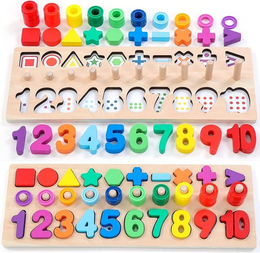 Wooden Montessori Toys for Kids Toddler Number Puzzles Sorter Counting Shape Stacker Stacking Game Preschool Toys for Boy Girl Learning Education Math Blocks Year Old Girl Gifts (Rainbow)