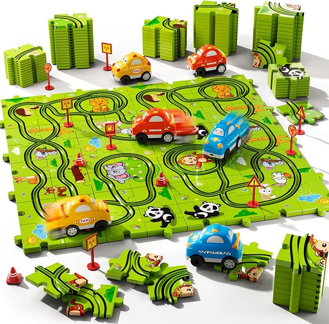 64PCS Puzzle Race Track Car Set for Kids Boys, Floor Puzzle Tracks Car Toys for Boys Girls Ages 3-5 4-6, Toddler Toys Gifts for 3 4 5 Year Old, Ideal 3 4 5 6 Year Old Birthday Gifts