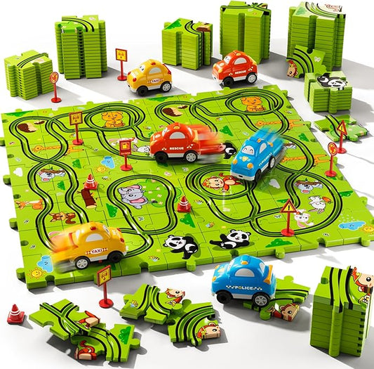 64PCS Puzzle Race Track Car Set for Kids Boys, Floor Puzzle Tracks Car Toys for Boys Girls Ages 3-5 4-6, Toddler Toys Gifts for 3 4 5 Year Old, Ideal 3 4 5 6 Year Old Birthday Gifts