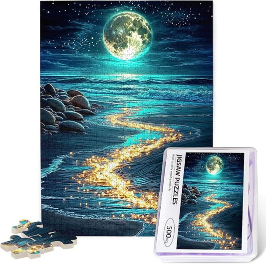 Seaside Moon Puzzles 500 Pieces ，Beach Puzzles for Adults，Ocean Beach Theme Jigsaw Puzzles，Seaside Puzzle 500 Pieces，Educational Toys Challenging Fun Games for Family and Friends