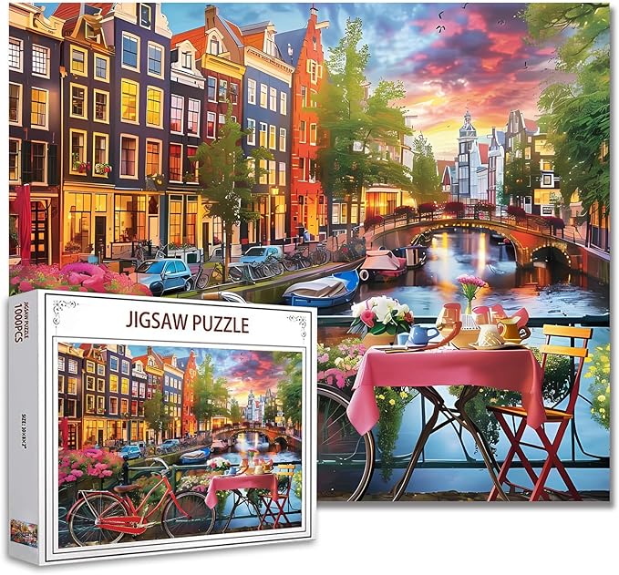 River City Scenery Jigsaw Puzzle，Bike Flowers vScenery 1000 Pieces Jigsaw Puzzles for Adults，27 x 20 Inches Puzzles for Family，HD Quality Puzzle Gift，Family Activity Perfect for Game Night