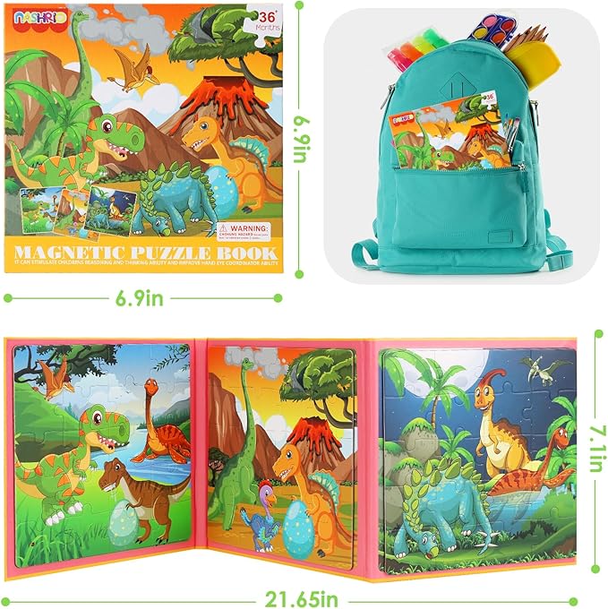 Magnetic Puzzles for Kids Ages 4-6, 20-Piece Travel Toys Dinosaur Toddler Puzzles Ages 2-4, Educational Learning Magnets, Ideal Road Trip Activities Toys for 2 3 4 5 6 Boys and Girls