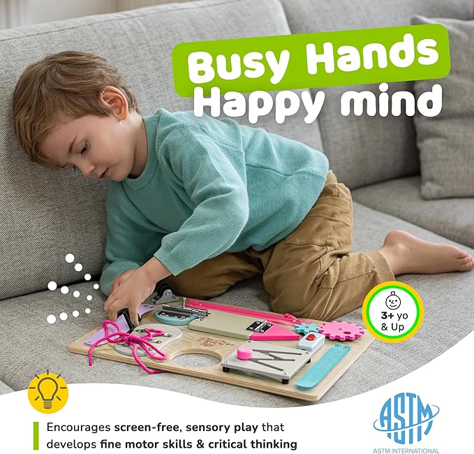 Montessori Busy Board for Toddlers, Premium Wooden Toddler Busy Board for 1 2 3 Year Old with 10 Educational Activities for Fine Motor Skills, Sensory Activity Toy for Travel, Gift for Boys & Girls