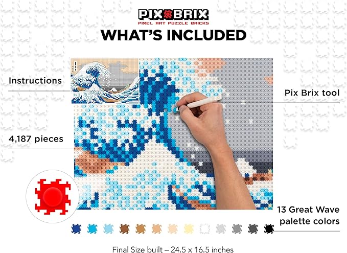 Pix Brix Pixel Art Puzzle Bricks - The Great Wave Off Kanagawa Pixel Puzzle, 4,187 Pieces - Patented Colorful Building Bricks to Recreate This Famous Print, Create Builds Without Water, Iron or Glue