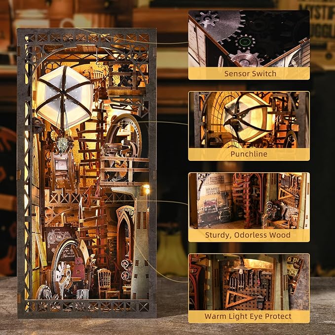 Book Nook Kit, Book Nook Kits for Adults and Teens, DIY Miniature Dollhouse Kit 3D Wooden Puzzle Booknook Bookend with LED Light