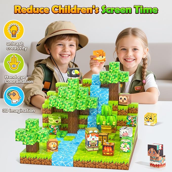 150 Magnetic Blocks – Mine Magnet Game Building Craft, STEM Constructions Toy, Jungle Animals, Sensory Stacking Cubes Kids Toys, Christmas Birthday Gifts for Boys Girls Age 3-5, 5-7, 4-8, 8-12