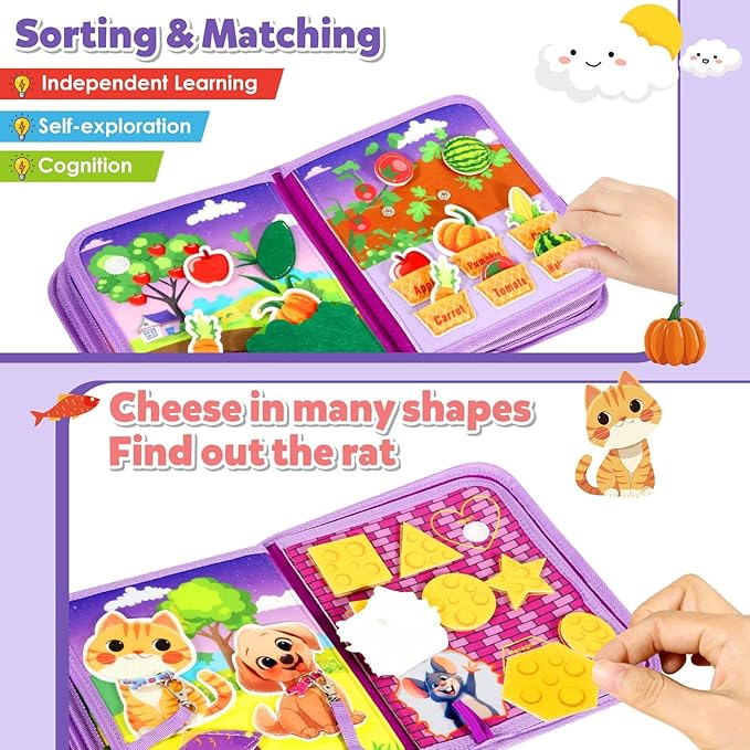 Montessori Busy Book for Toddlers 1-3, Busy Board Montessori Toys for 1 Year Old Girl Birthday Gift, Educational Learning Sensory Quiet Activity Books, Travel Toys for Airplane Car