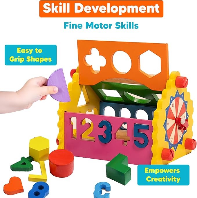 6-in-1 Wooden Shape Sorter for Toddlers 1 2 3+ Years | Educational Montessori Toy with Numbers, Shapes, Colors | Develops Fine Motor Skills | 100% Child Safe | Learning Gift for Kids