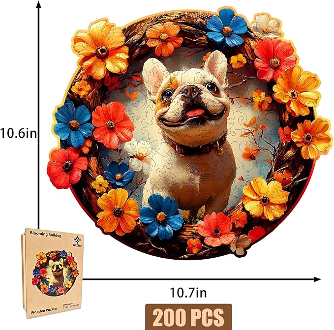 Wooden Jigsaw Puzzle, 200-500 Pieces Unique Shape Animal Puzzle, for Adults & Kids, Birthday Gift Family Game, Decorative Puzzle, Unique Gift (Blooming Bulldog, 200 PCS)