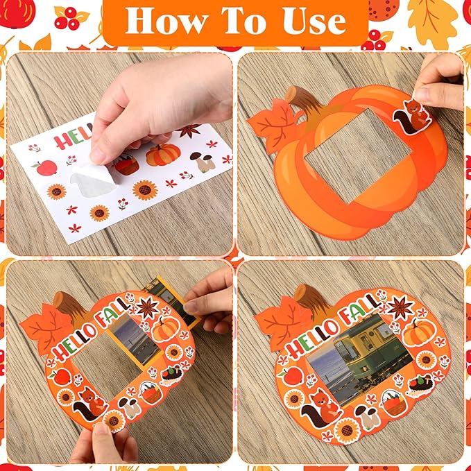 Jetec 48 Sets Fall DIY Picture Frames Craft Kit Autumn Thanksgiving Pumpkin Photo Frames Ornaments for Thanksgiving Decorations Favor Fall Art Gift Home Activities