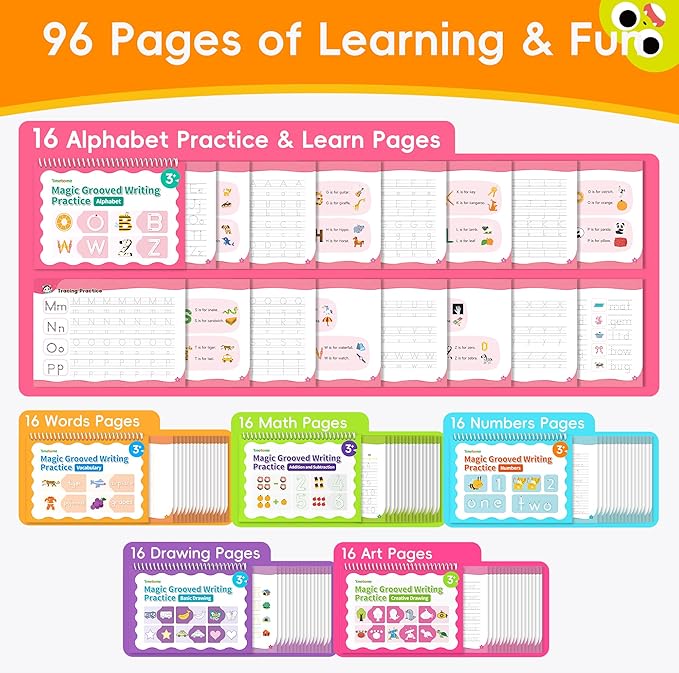 Large Magic Grooved Writing Practice, Grooved Handwriting Practice for Kids,Reusable Writing Practice for Kids Age 3-5 5-7 6-8 for Preschool (6books
