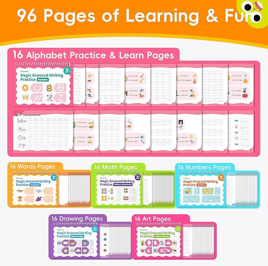Large Magic Grooved Writing Practice, Grooved Handwriting Practice for Kids,Reusable Writing Practice for Kids Age 3-5 5-7 6-8 for Preschool (6books