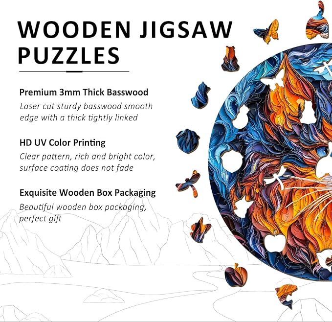 Wooden Puzzles for Adults - Flame Cat Wood Puzzles Adult - Unique Animal Shape Wooden Jigsaw Puzzles for Adults - Birthday Gifts for Puzzle Lovers, Family (11.4 * 11.3in)
