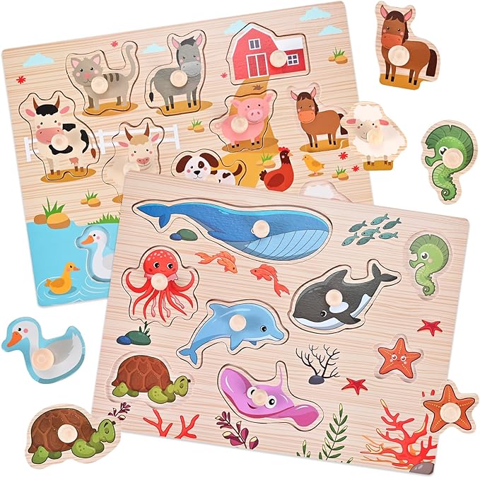Wooden Peg Puzzles for Toddlers 1-3, 2 Pcs Upgraded Montessori Educational Learning Puzzle Toy Sets - Animal & Sea Themes Puzzles, Great Preschool Gifts for Girls and Boys (8.86 * 11.61in)