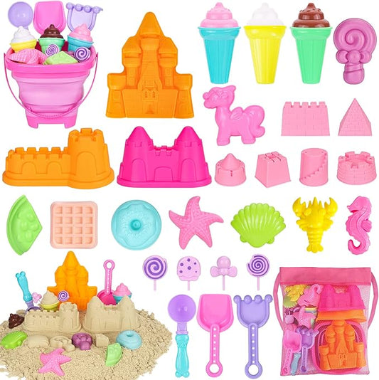 Beach Toys, 30Pcs Ice Cream Sand Toys, Sandbox Toys with Collapsible Sand Bucket and Sand Castle Kit, Cake, Lollipop, Sea Animal, Unicorn Molds, Shovels Set, Mesh Bag, Travel Toys for Girls 3+