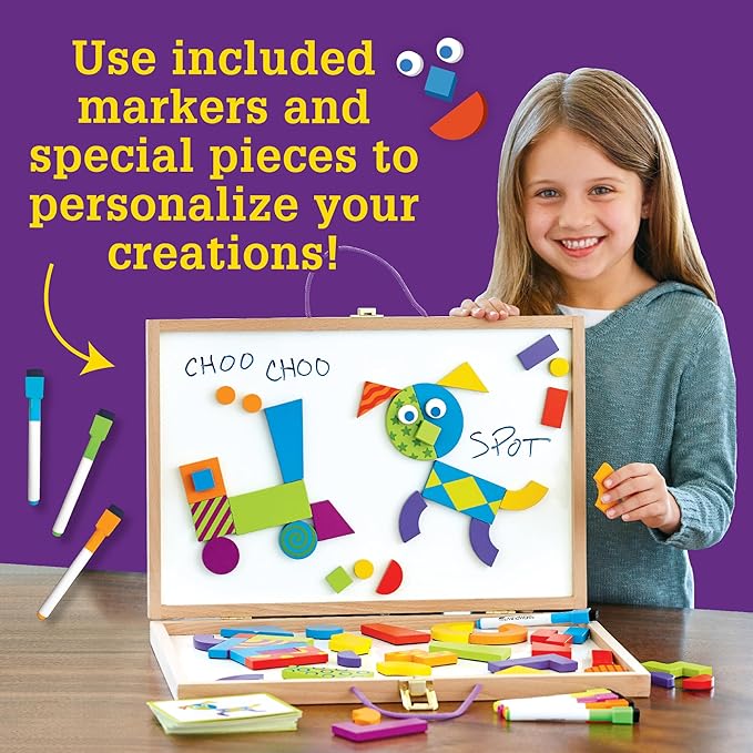 MindWare Imagination Patterns - Creative, Magnetic Play with Patterned Tangram Shapes - Includes 60 Magnetic Blocks, 60 Puzzle Cards, Dry Erase Markers & Wood Case - Deluxe