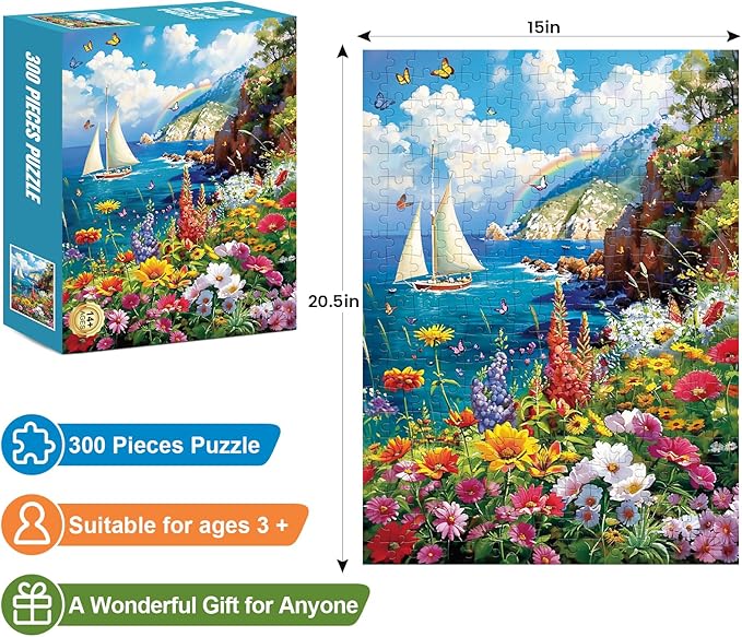 300 Pieces Puzzles for Adults–Colorful Garden By The Ocean Puzzle for Adults Children Elderly–Recycled Paper Puzzle 300 Pieces–Glossy, Sturdy Pieces Challenging Family Game Great Gift Idea (20.5x15in)